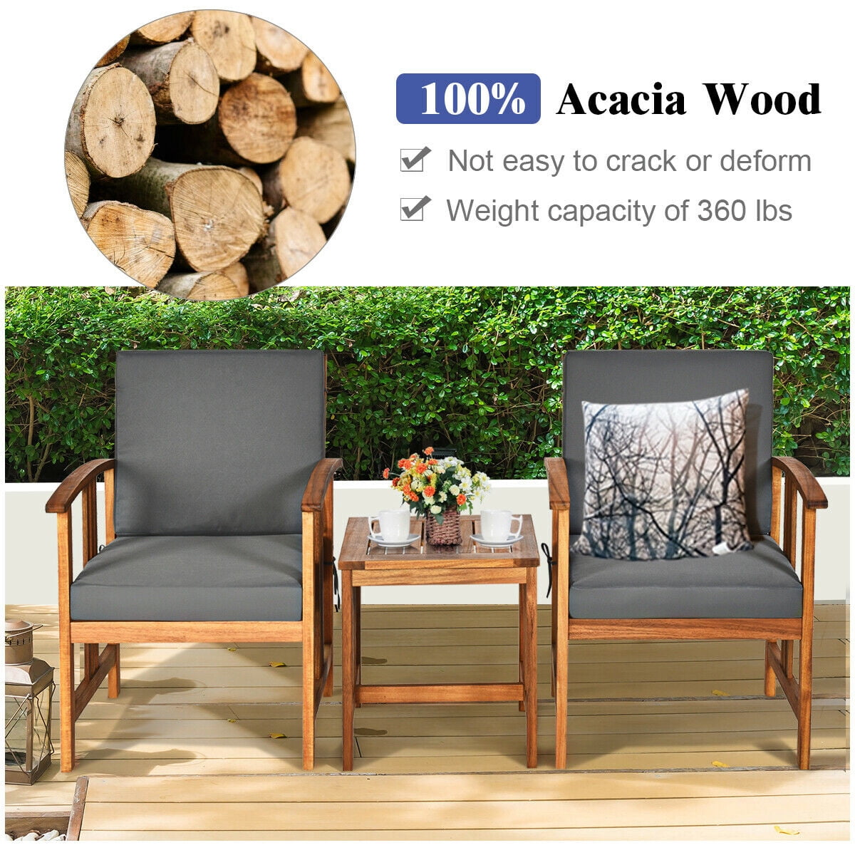 Gymax 3PCS Outdoor Patio Sofa Furniture Set Solid Wood Cushioned Conversation Set Grey
