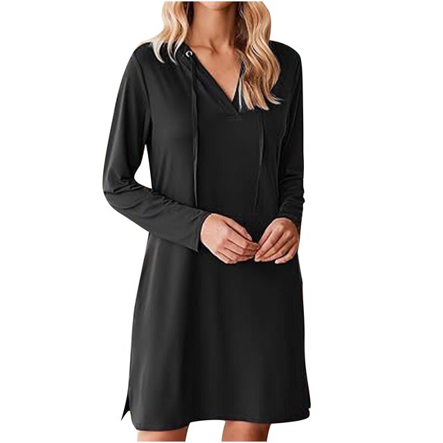 XFYSSS Robe Décontractée pour Femmes, Mode, Couleur Unie, Manches Longues, Col en V, Robe à Capuche avec Cordon, Robe en Polyester, Manches Longues, Col en V, Robe à Capuche