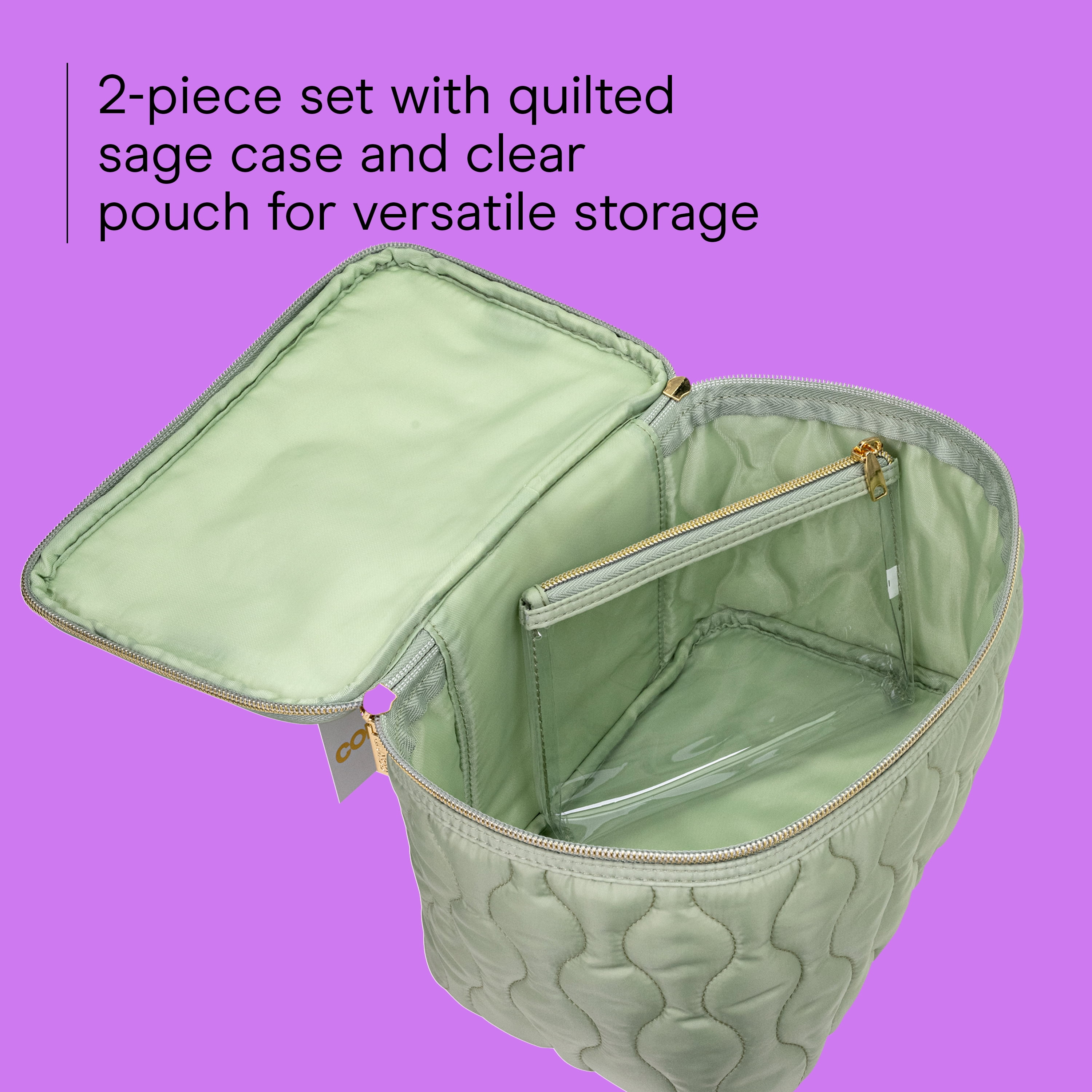 Conair Sage Green Train Case Set, 2-Piece Travel Organizer with Clear Pouch