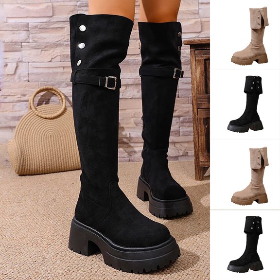 Women Platform Knee‑High Boots, Suede Fold‑Over Tall Boots with Metal Buckle Strap, Round‑Toe Chunky Block Heel Lug Sole Winter Boots