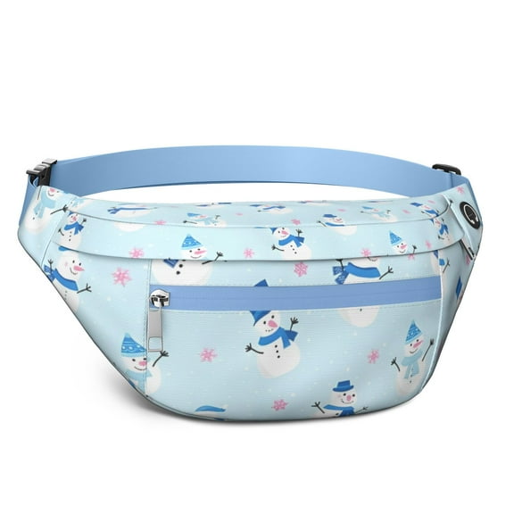 Fanny Pack Light Blue Christmas Snowman Pattern Waist Pack Bag,Running Cross Bag,Waterproof Large Fanny Packs for Women Men for Travel Running Hiking Cycling