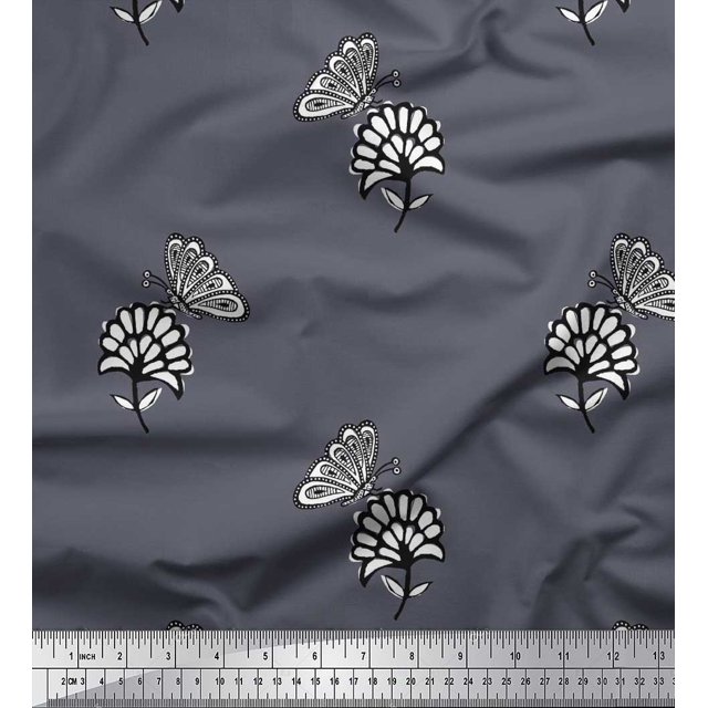 Soimoi Grey Cotton Voile Fabric Floral & Insect Print Fabric by Yard 56 Inch Wide