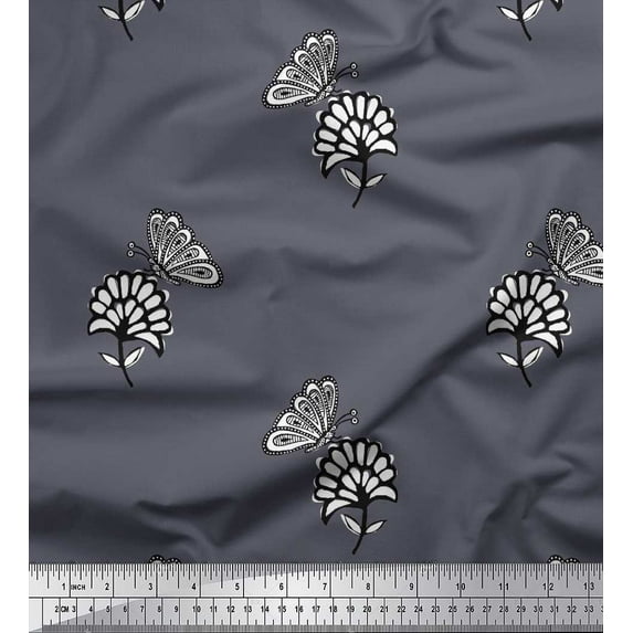 Soimoi Grey Satin Silk Fabric Floral & Insect Printed Fabric 1 Yard 42 Inch Wide