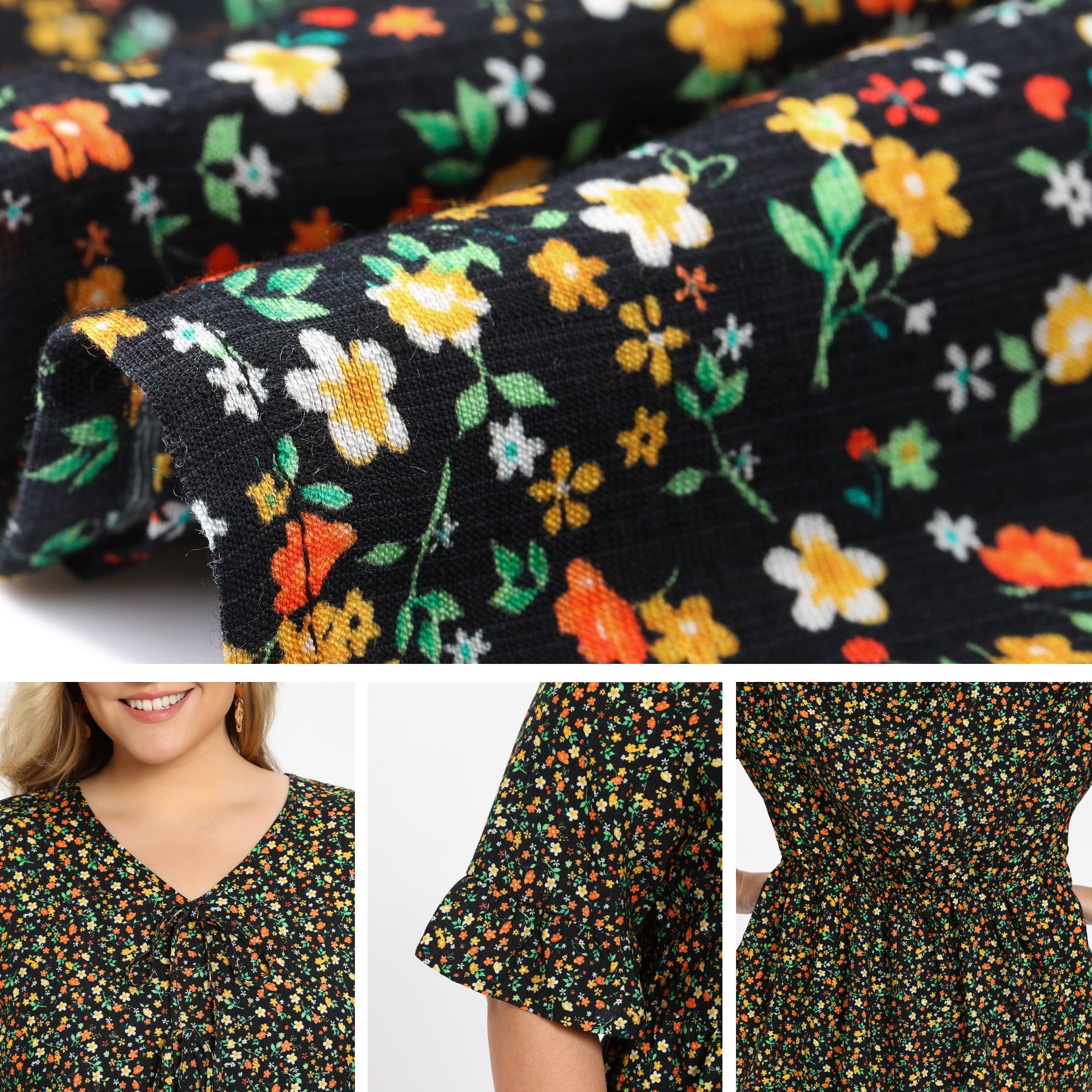 DARING DIVA Women's Plus Ditsy Floral V Neck Tie Front Ruffle Sleeve Blouse 2X Black