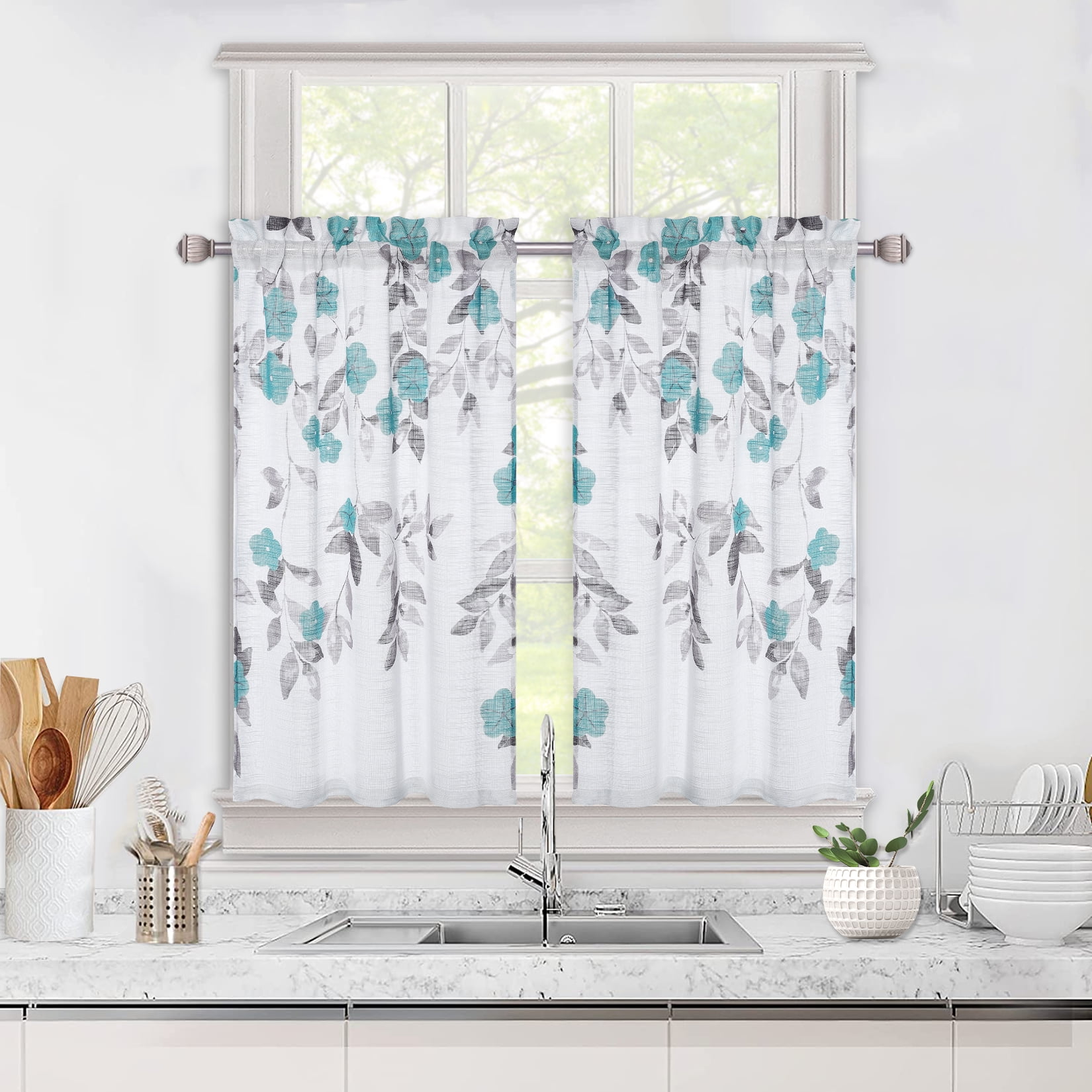 Short Kitchen Curtains Green Floral Print Rod Pocket Window Curtains