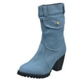 thumbnail image 3 of Leozcaa Denim Mid-Calf Boots for Women Round Toe Chunky High Heel Jeans Blue Side Zipper Ankle Boots, 3 of 9