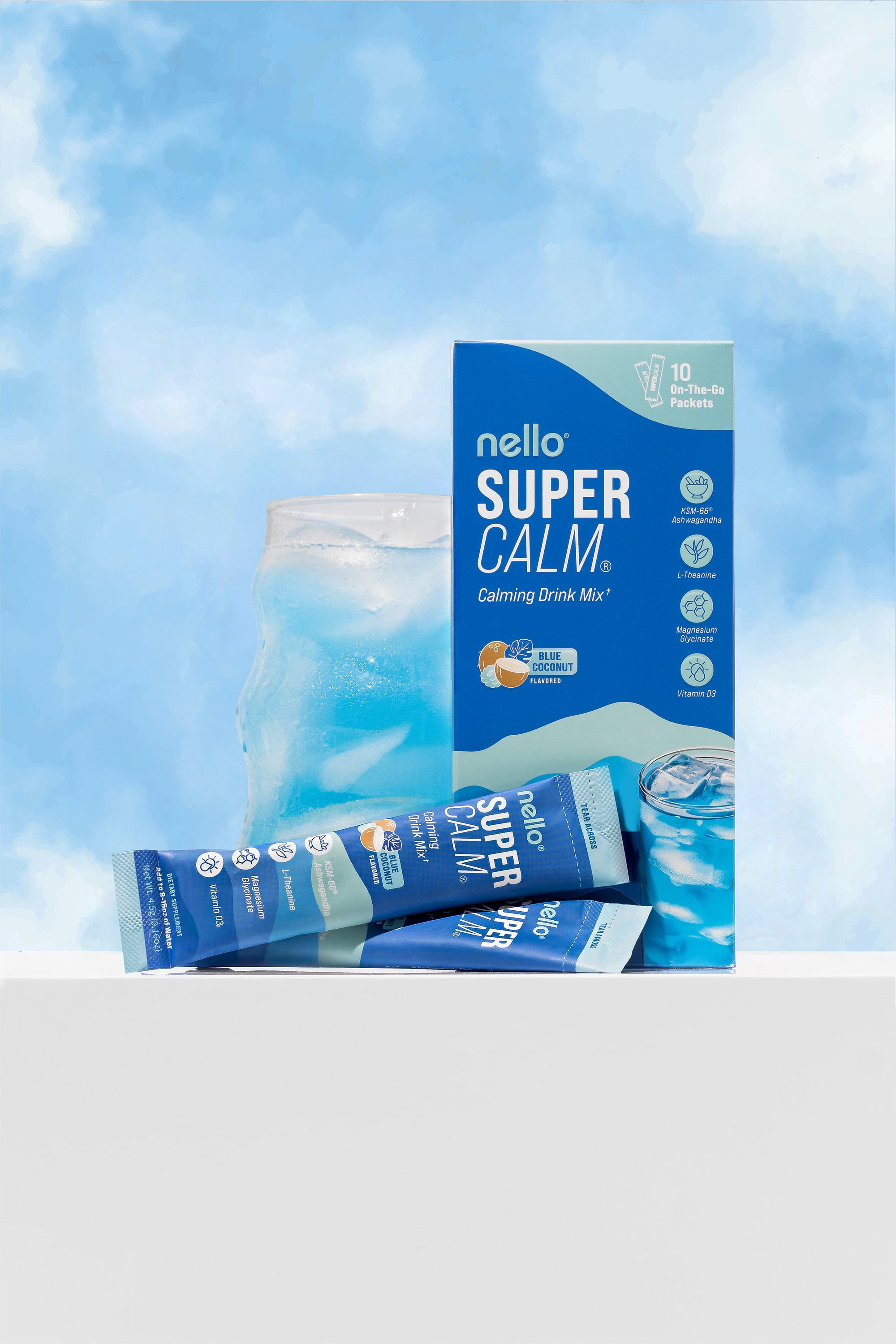 Nello Supercalm Calming Drink Mix Packets, Blue Coconut, 1.5 oz, 10 Count