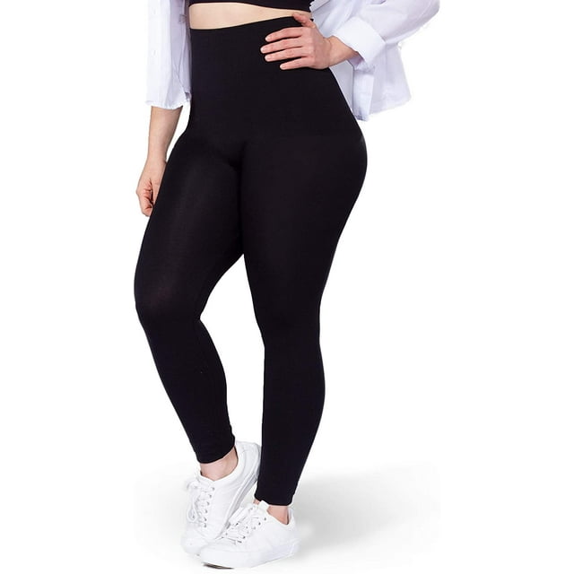 High Waisted Compression Leggings - Shapewear for Women in black, crafted from 90% nylon and 10% spandex. These pull-on leggings feature a high-waisted design for tummy control, anti-slip support, and a butt-lifting effect. The soft, stretchy, and durable fabric ensures all-day comfort, ideal for yoga, gym, casual wear, or lounging. Displayed on a model styled with white sneakers and a white top.