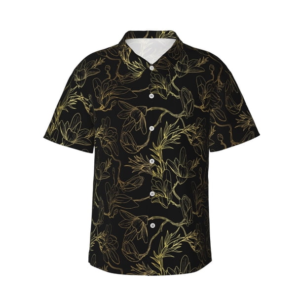 Fotbe Gold Gloss Outline Floral Camisa Hawaiana para Hombre Unisex – Camisa Casual de Verano con Botones de Manga Corta de Algodón y Lino,Large