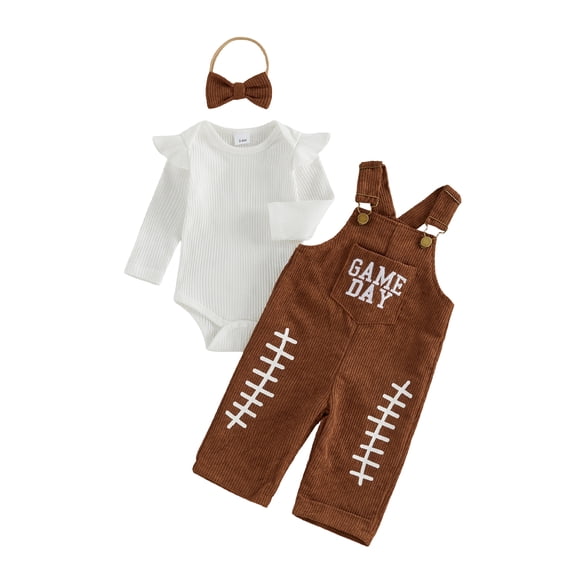 RUINIXCW Toddler Baby Girl Football Game Day Outfit Infant Girls Fall Winter Clothes Rugby Romper and Adjustable Strap Corduroy Overalls Jumpsuit Headband Set