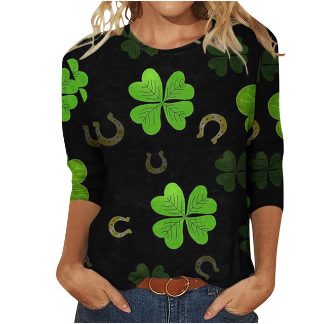 DPTALR T-shirt Imprimé pour la Saint-Patrick pour Femmes, Manches 3/4 Mi-Longues, Col Rond, Décontracté