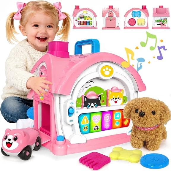 LINXUXIE 10-in-1 Plush Puppy, Montessori Bilingual Learning Toy with Sound & Light, Musical Learning House for Kids 1-3 3-5 5-8 Year Old