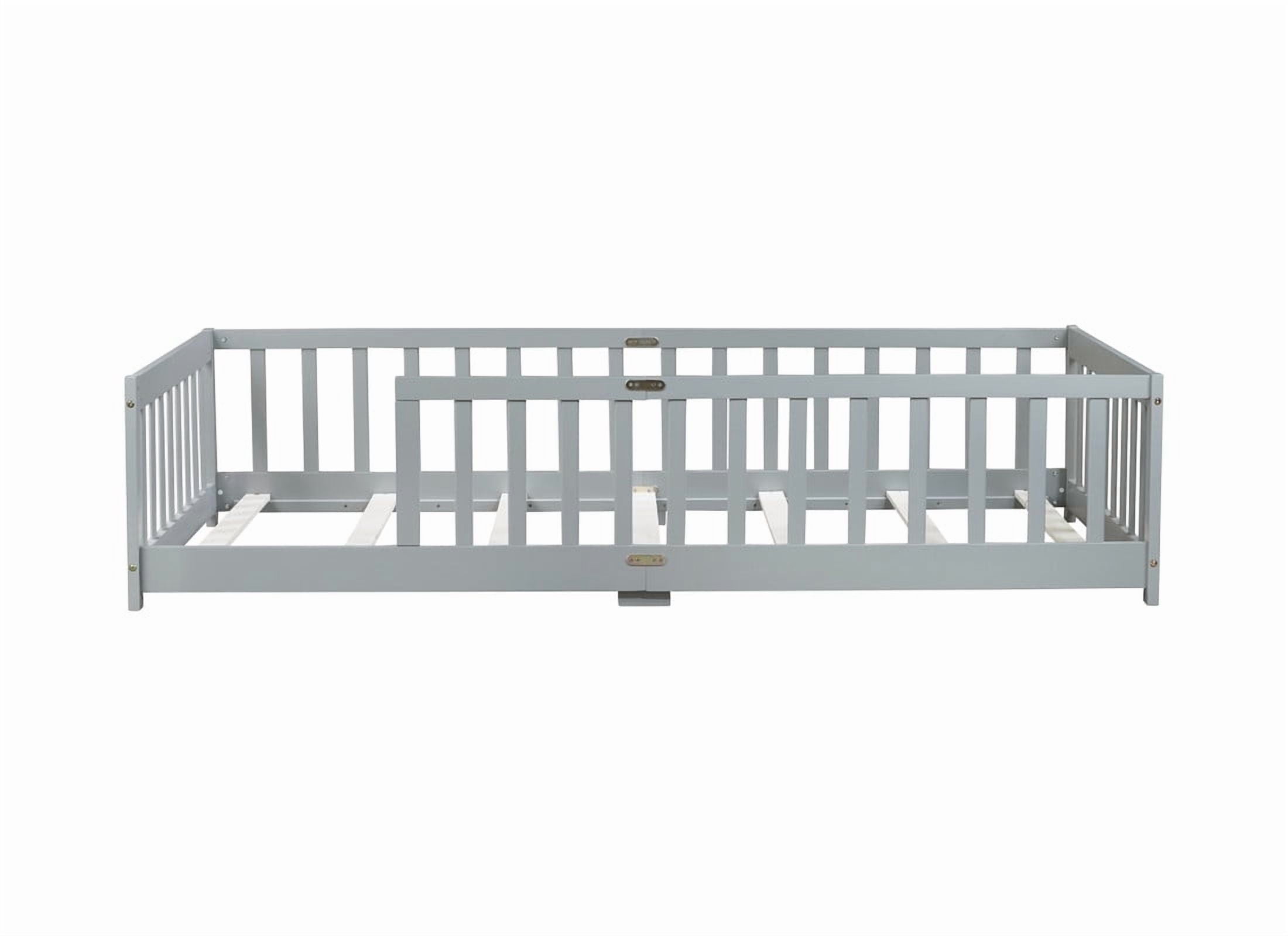 Mirightone Twin Size Floor Bed, Wood Montessori Floor Beds with Fence Railings and Slats Support, Twin Playhouse Bed Frame, No Box Spring Needed, (Grey)