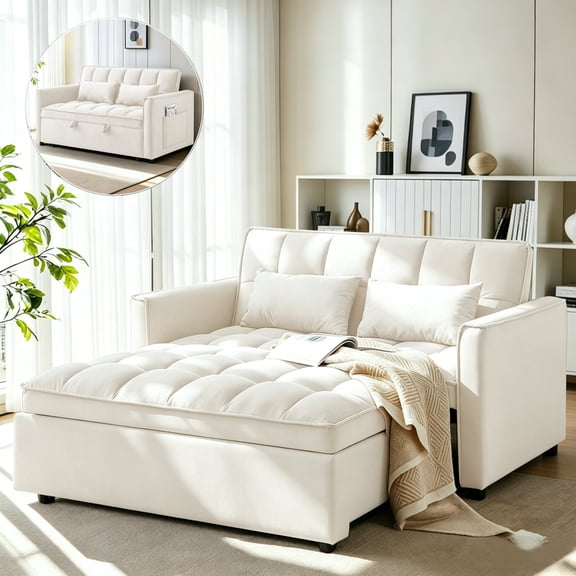 AISWORD Convertible Sofa Bed, 3 in 1 Pull Out Sleeper Loveseat Couch with Storage, Beige