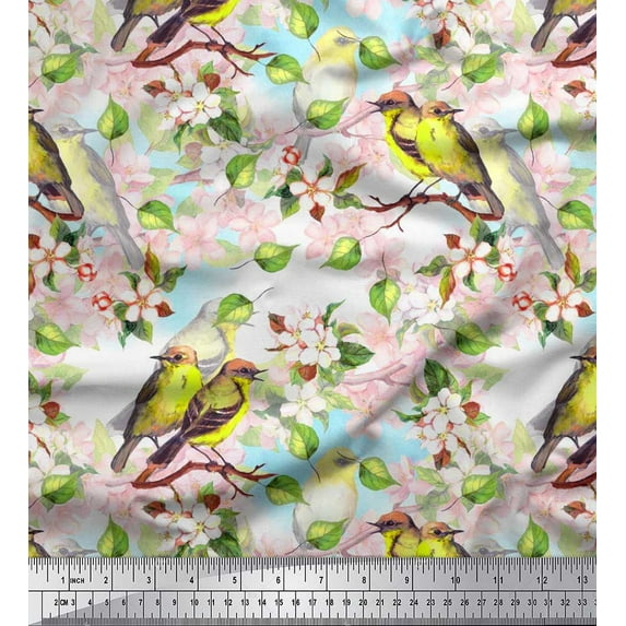Soimoi White Japan Crepe Satin Fabric Leaves,Peach Floral & American Robin Bird Fabric Prints by Yard 42 Inch Wide
