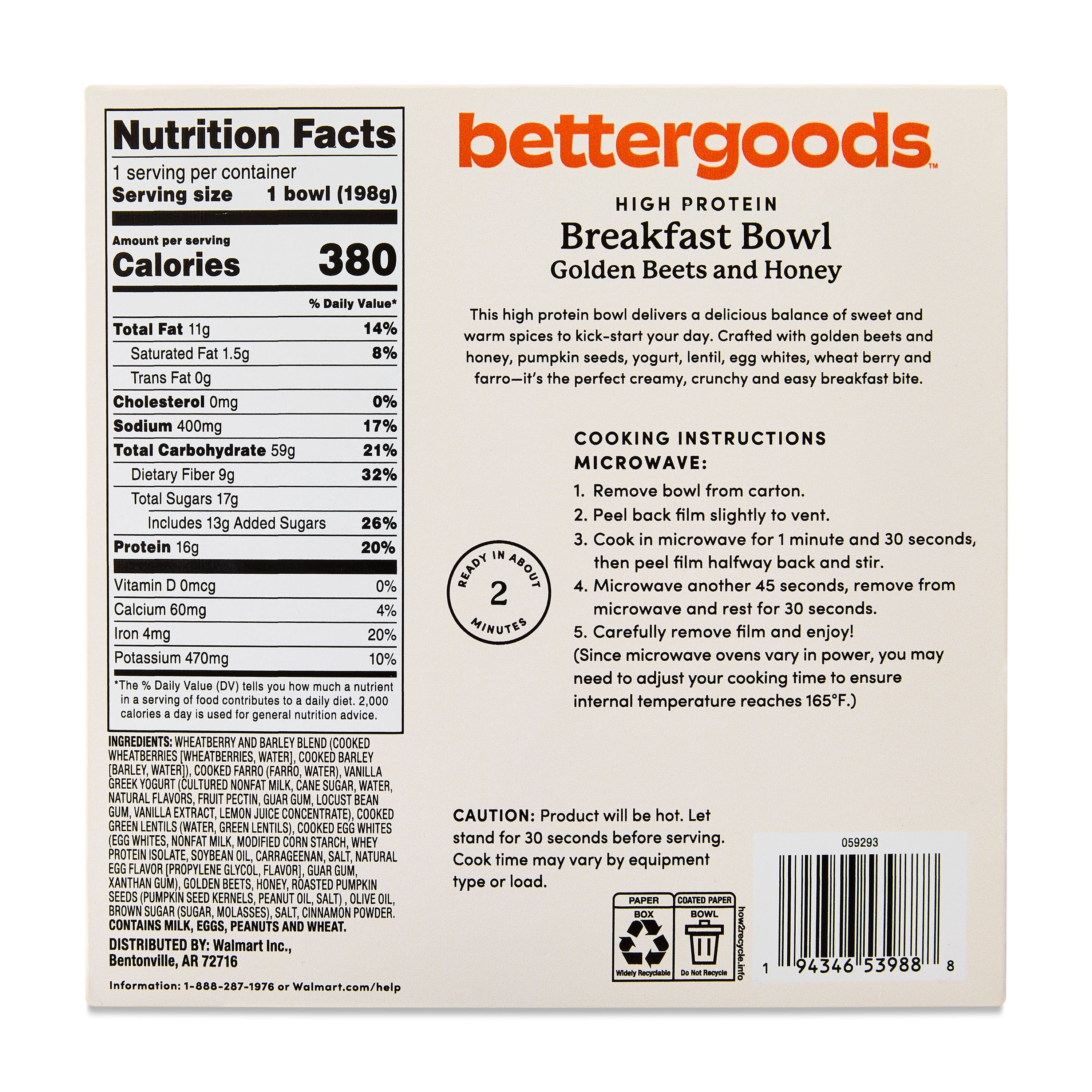bettergoods High Protein Breakfast Bowl, Golden Beets and Honey, 7 oz (Frozen)