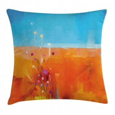 Watercolor Flower Home Decor Throw Pillow Cushion Cover, Meadows under Blue Sky Natural Beauty Floral Illustration, Decorative Square Accent Pillow Case, 16 X 16 Inches, Orange Purple, by Ambesonne