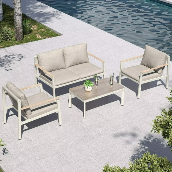 GREEN MORE 4-Piece Aluminum Patio Furniture Set with Thick Cushions and Coffee Table, All-Weather Porch Sectional Sofa Set Style Modern, Metal Patio Furniture Set with Loveseat for Backyard, Deck
