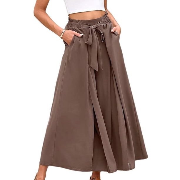 Pantalones de Playa Casuales, Holgados, Estilo Palazzo, de Cintura Alta y Abertura para Mujer, Estilo Bohemio, con Bolsillos para Verano. Marrón S