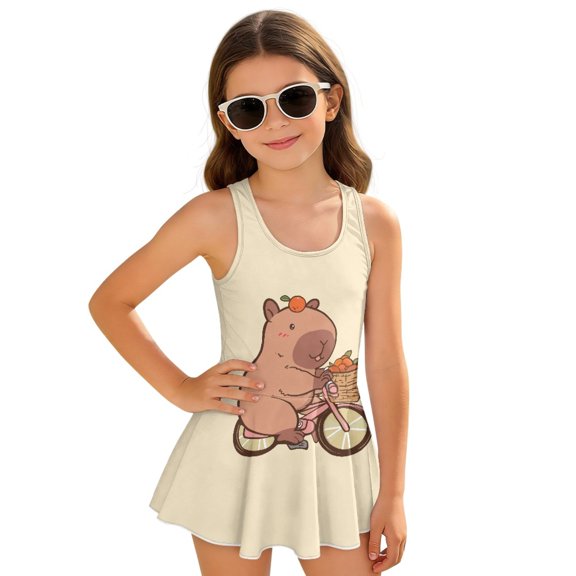 Uourmeti Cartoon Capybara Cycling Print Girls Swim Dress - Sleeveless Skirted One Piece Bathing Suit with Built-in Liner, Quick Dry for Beach & Pool
