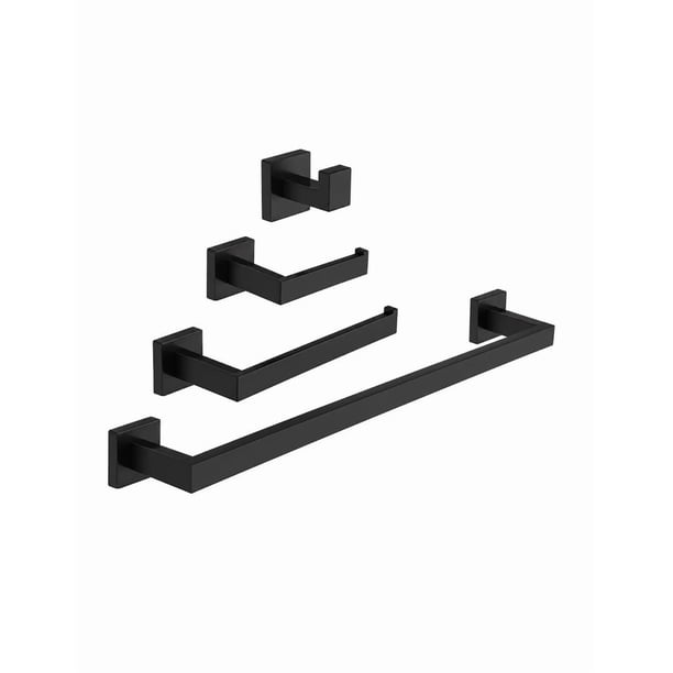Kit Accesorios de Baño Maxims 4 Piezas Acero Inoxidable 304 Negro Mate Diseño Angular Barra 56cm Soporte Toalla Gancho Portapapel