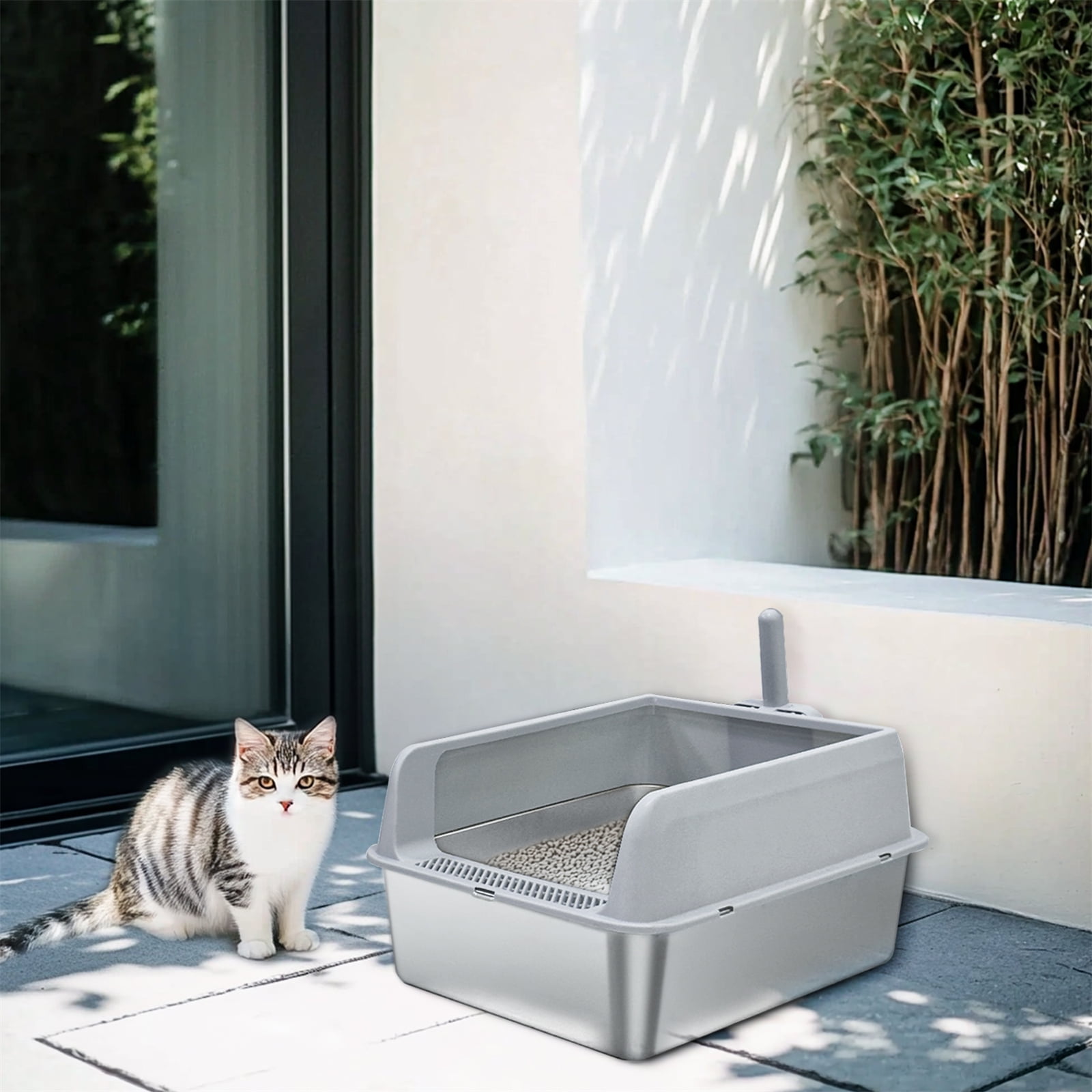 BingoPaw Stainless Steel Large Cat Litter Box High Sided Pan Anti-Leakage with Spoon for Cats