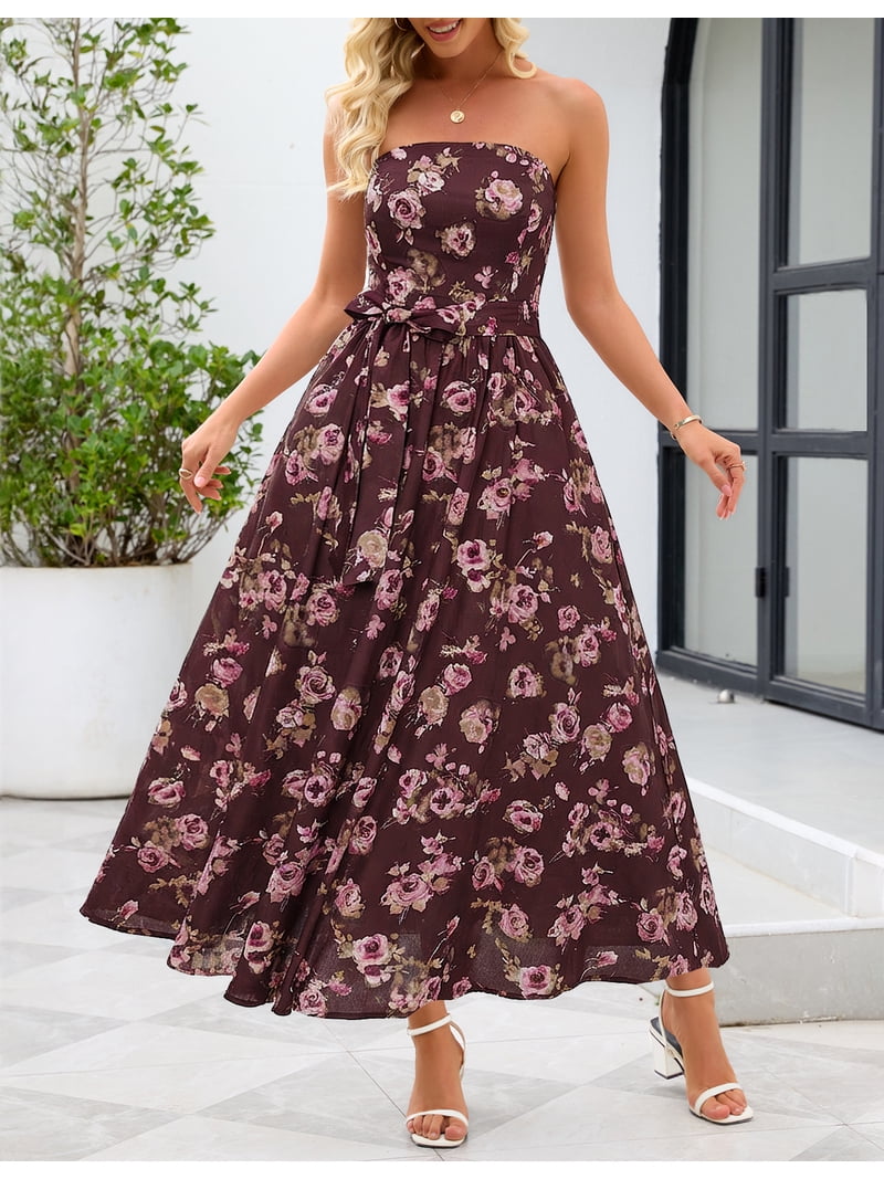MEROKEETY Women's 2026 Summer Strapless Tube Floral Maxi Dress Boho Tie Flowy Beach Wedding Guest Long Sundress, Coffee, S