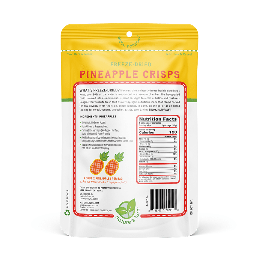 Nature’s Turn Freeze-Dried Pineapple Crisps, No Added Sugar, Healthy Natural Fruit Crisp Snack for School Lunches, 6 Pack (1.2 oz Each)
