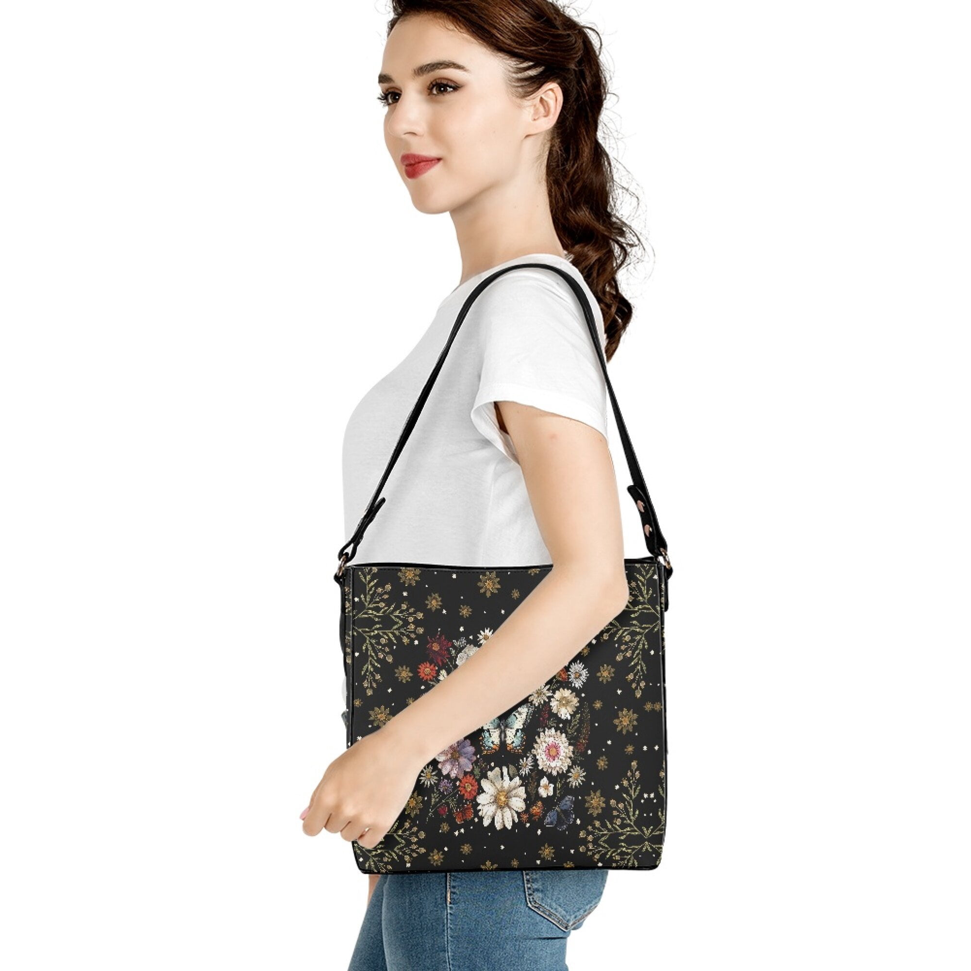 Kuiaobaty Butterfly Flower Print Crossbody Bag for Women, Lightweight Vegan Leather Shoulder Handbag with Adjustable Strap, Large Capacity Bucket Tote Bag Handbag Crossbody for Travel