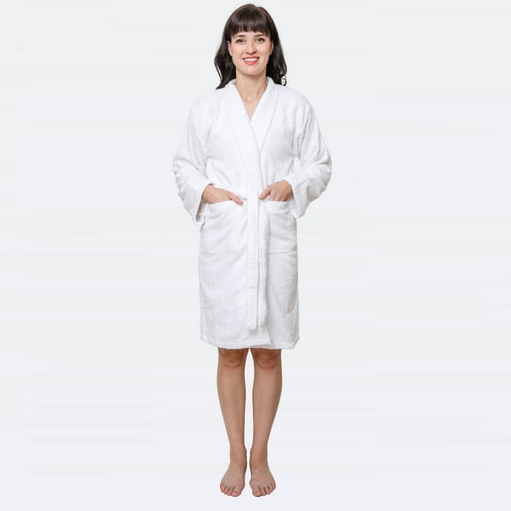GOLD TEXTILES Premium Terry Cloth Robes for Women Lightweight Short Bathrobe, Adjustable Towel Robe Belt with Collar Small Shorts White Pack of 1