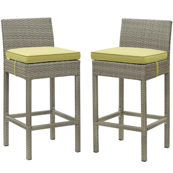 Contemporary Modern Urban Designer Outdoor Patio Balcony Garden Furniture Bar Side Stool Chair, Set of Two, Fabric Rattan Wicker, Green