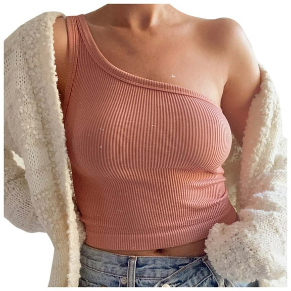 QHFBli Women Seamless Vintage One Shoulder Crop Top