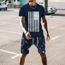 cllios Independence Day Outfits for Men 2 Piece Patriotic Red White and Blue Graphic Tees Trendy Crewneck Top and Vintage Drawstring Shorts Sets Track Suits