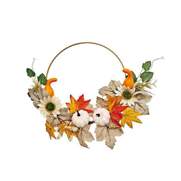 Fall Harvest Artificial Floral Hoop Wreath, Autumn Maple Leaf & Pumpkin Decorative Wall Hanging, Thanksgiving Themed Sunflower & Berry Door Wreath