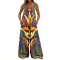 thumbnail image 4 of Women's Carnival Print Wide-Leg Overalls - Casual Loose Sleeveless Button Suspender Pants With Pockets, Light Green Size XL, 4 of 6