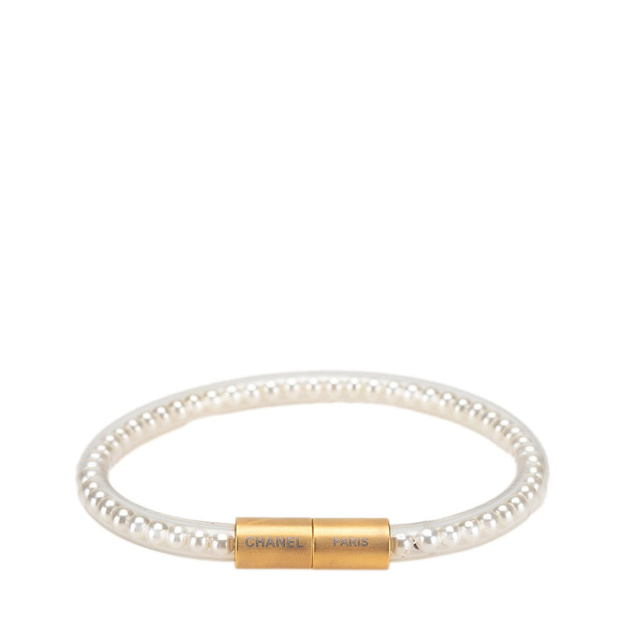 Pre-Owned Chanel Magnetic Tube Bracelet, Gold, Clear Vinyl, Plated with Faux Pearls,... (Good)