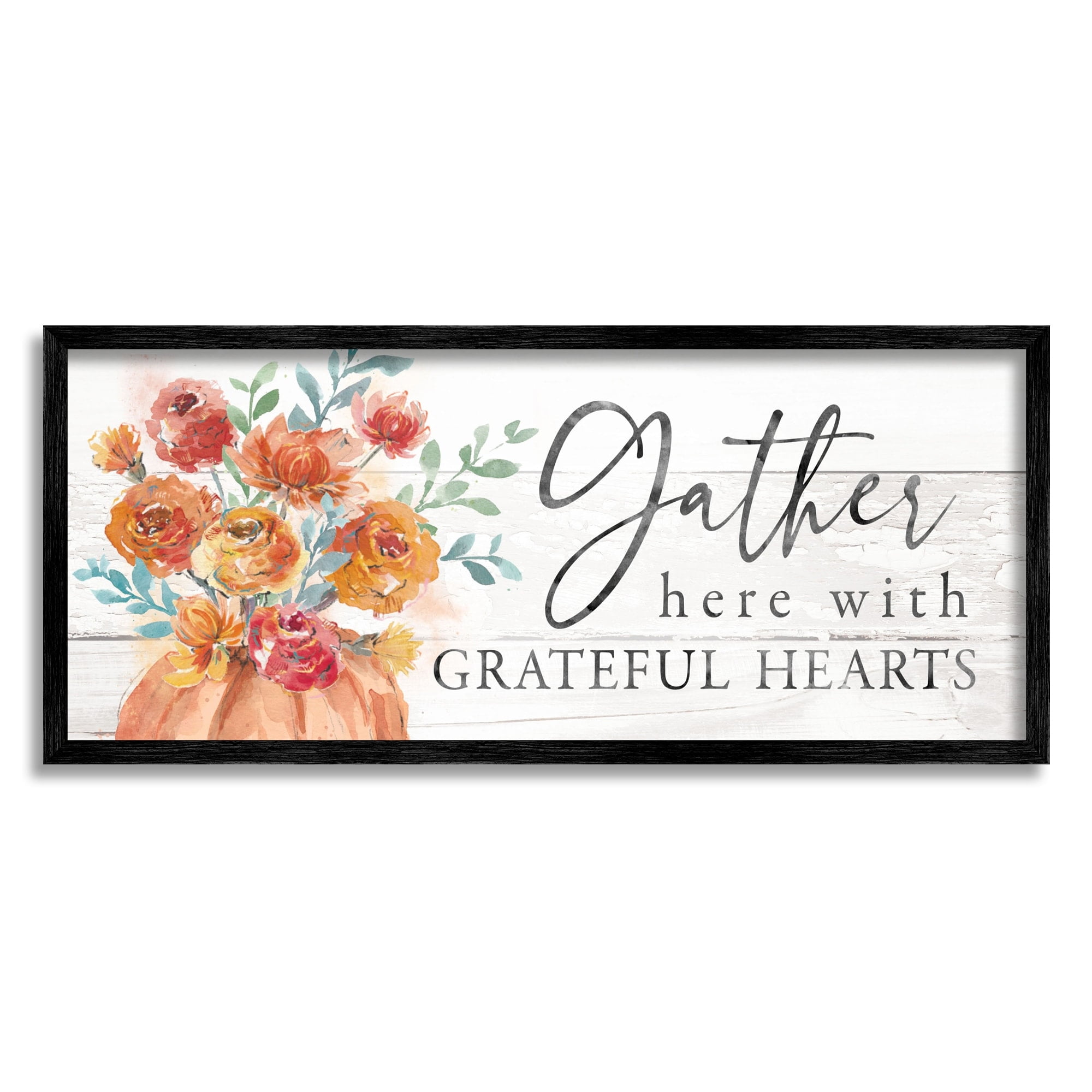 Gather Grateful Hearts Seasonal Harvest Rustic Phrase Botanical & Floral Graphic Art Framed Art Print Wall Art