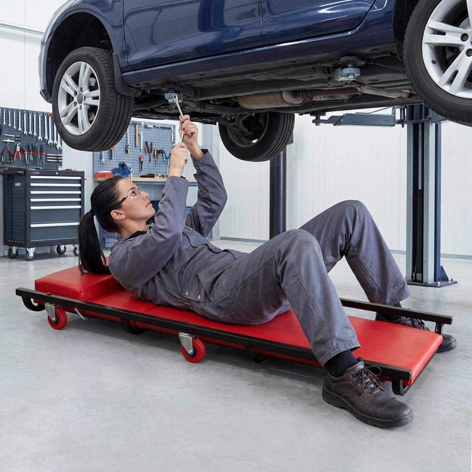 Biotree 40 Inch Rolling Mechanic Creeper Adjustable Backrest Headrest 250 lbs - Red