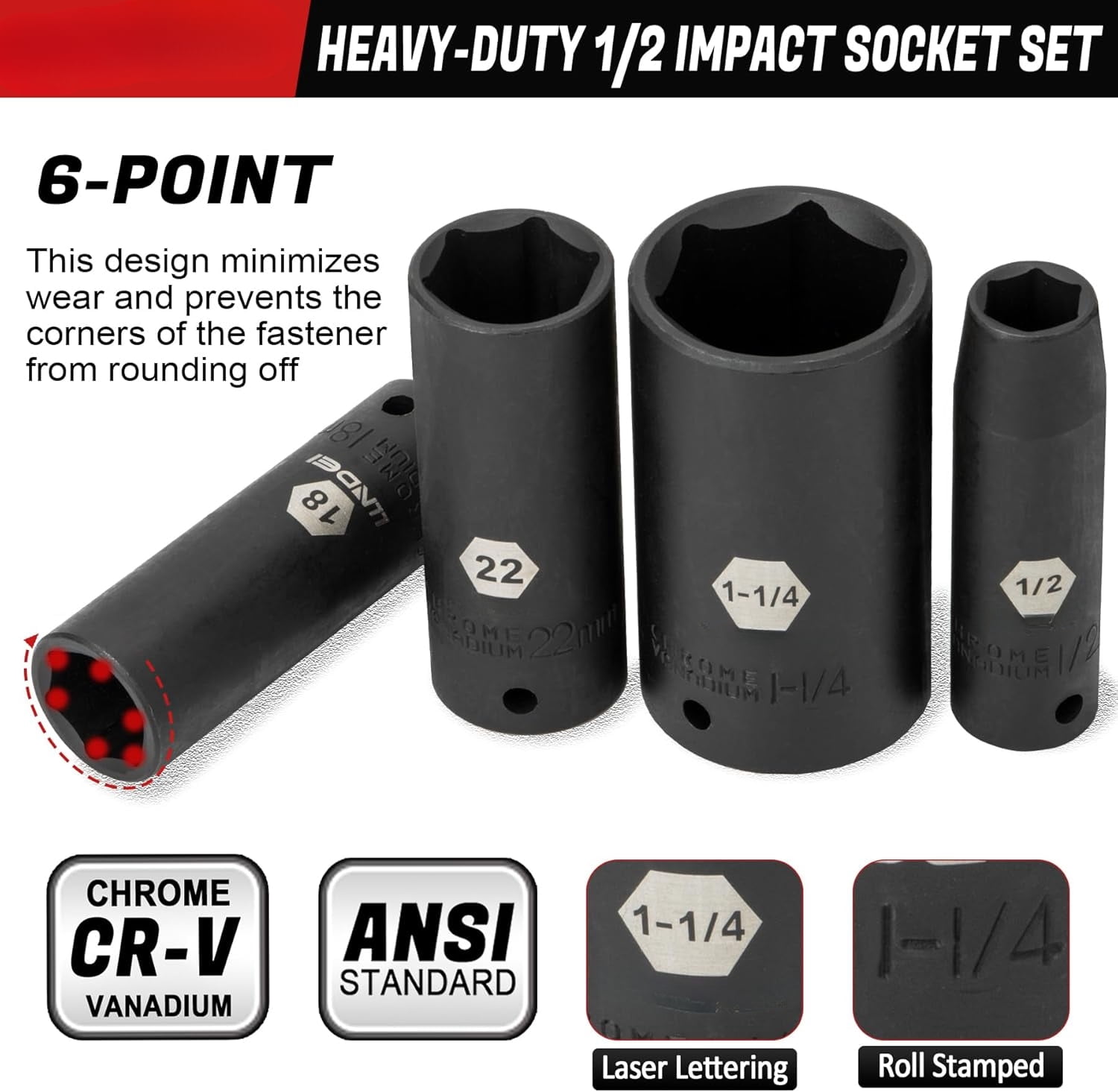 1/2 inch Drive Deep Impact Socket Set, 37 Piece Standard SAE 3/8" to 1-1/4" | Metric 8 to 24mm, Includes Spark Plug Socket (16, 21mm), CR-MO Universal Joint, Extension Bars and Adapter