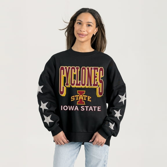 Women's Gameday Couture Black Iowa State Cyclones Pure Victory Relaxed Rhinestone Pullover Sweatshirt