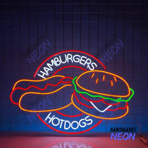 Handmadetneonsign Hamburgers Hotdogs Neon Sign, Burger Hot Dog Led Sign, Fast Food Store Wall Art 95835
