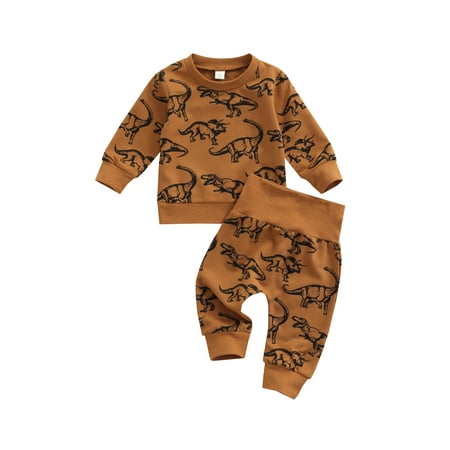 

Canrulo Autumn Causal Infant Boy Clothes 2pcs Cartoon Dinosaur Printed Long Sleeve Sweatshirt Pants Set Yellow 6-12 Months