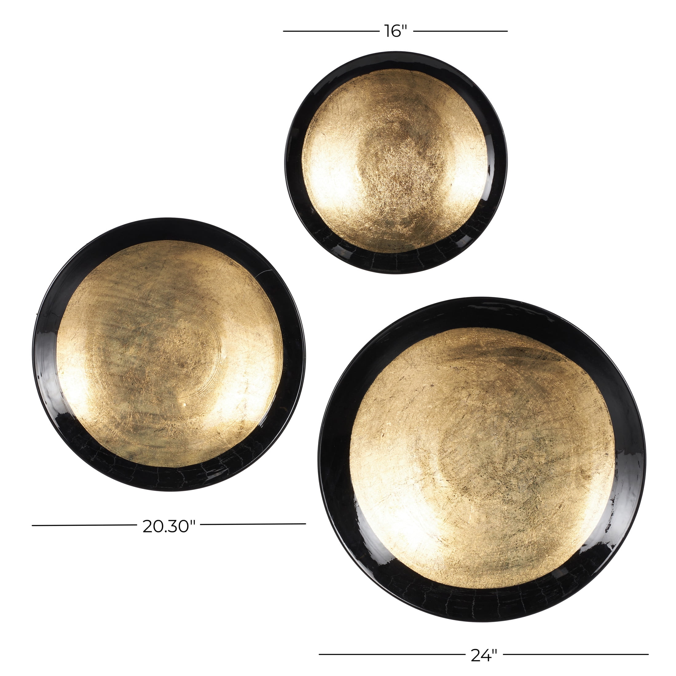DecMode Gold Metal 3D Circular Disk Abstract Wall Decor with Black Rims (3 Count)