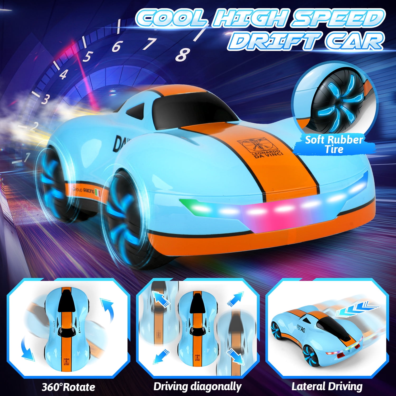Huge Wave High Speed RC Car for Boys 4-12, 2.4GHz Drift Remote Control Car with Charging Station, Change Light, Dual Spray, 360° Rotate, Birthday Gifts for Kids, Blue