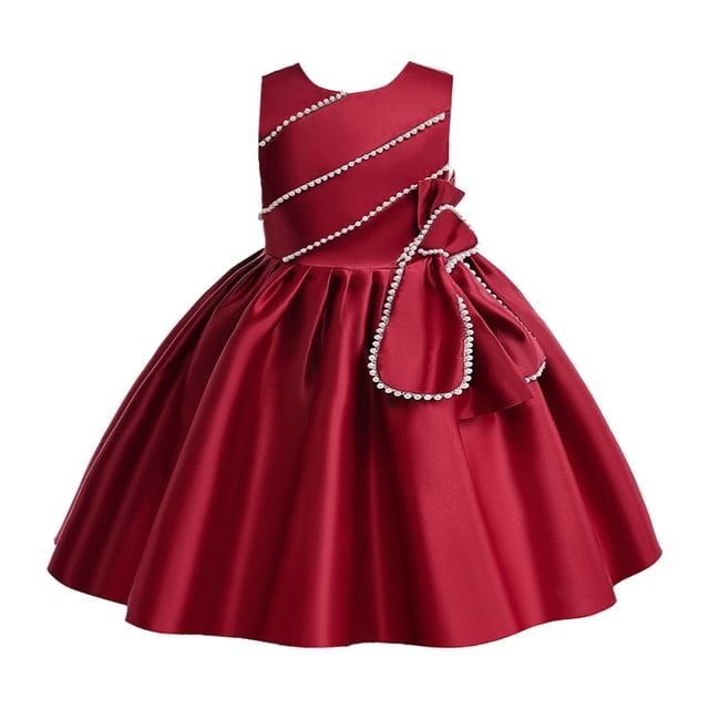 Robes Adolescentes Sans Manches Couleur Unie Nœud Volants Soirée Mariage Robe de Demoiselle d'Honneur Rouge 5-6 Ans