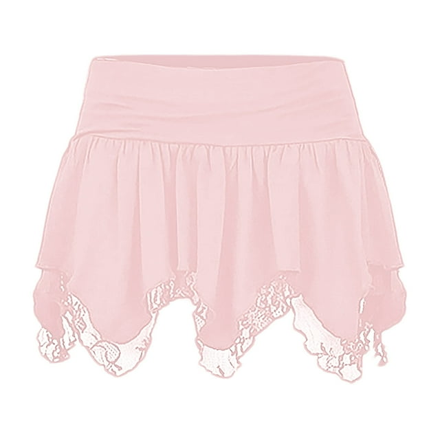 Clothing Womens Lace Short Skirt Solid Low Waist Patchwork Flowy Ruffle Pleated Mini Skirts
