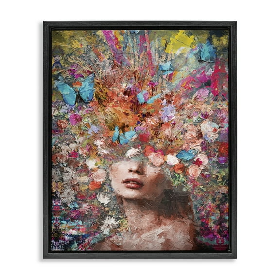 Stupell Industries Abstract Painterly Floral Face Animals Painting Black Floater Framed Canvas Art Print Wall Art, 17 x 21