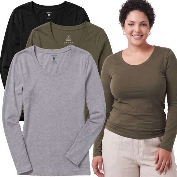 Essential Basic Women's Long Sleeve Scoop-Neck T-Shirt Top, Color Black Olive Heather Gray, Size 2XL