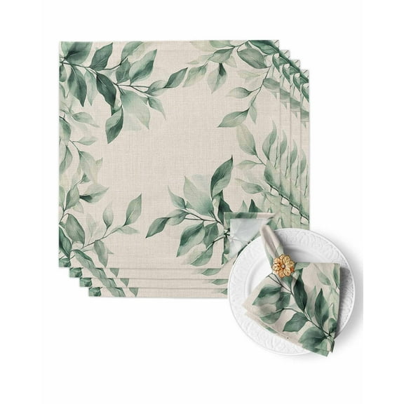 Cloth Napkins Vintage Linen Rustic Green Leaf Washable Soft Kitchen Dinner Napkin Set of 4,Summer Watercolor Plant Reusable Cocktail Napkins for Wedding Holiday Party Event,20x20In