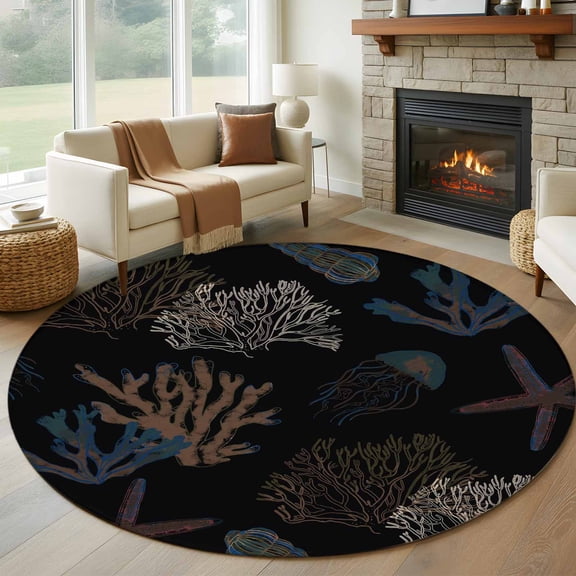 Round Rugs 6Ft, Black Coral Coastal Round Area Rug Washable Indoor Throw Carpet, Nautical Starfish Summer Beach Soft Non Slip Circle Rug for Office Cabinet Home Decor Aesthetic